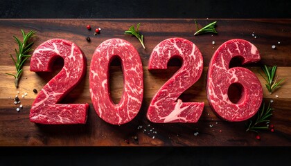 Number "2026" cut from raw steak, arranged on a wooden board with rosemary