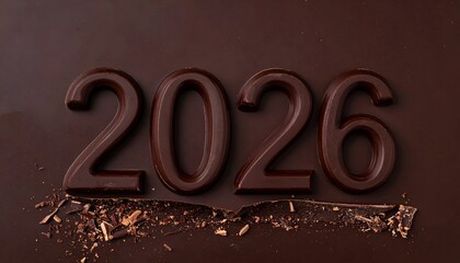 Dark chocolate base with the year 2026 sculpted and fragments of the base
