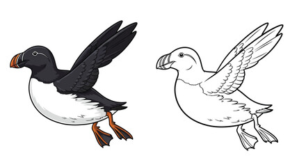 Obraz premium Atlantic Puffin Flying Bird Black White Stock Illustration High Contrast Coastal Wildlife Art