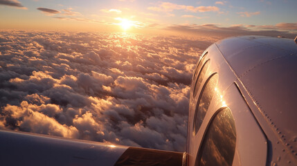 A plane flying through the sky with clouds and a sun in the background
