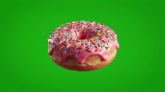 Delicious pink frosted donut with colorful sprinkles floating against a vibrant green background.