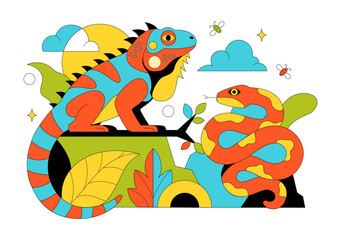 Obraz premium Reptile Vector Illustration Featuring Detailed Scales And Natural Wildlife Design With Various Species Of Reptilian Animals In Flat Background