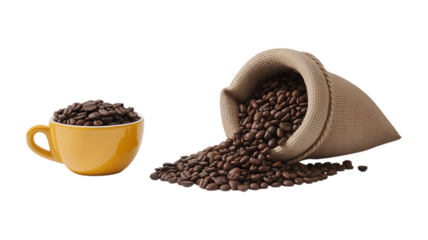 Roasted coffee beans, beans coffee in mug image isolated on transparent background