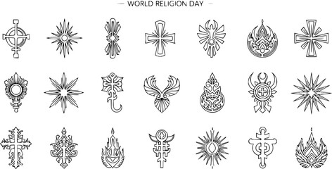 World Religion Day Symbols Collection: Diverse Religious Icons in Black and White Line Art