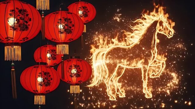 Festive Red Lanterns and a Mystical Illuminated Fire Horse Figure on a Dark Background for Chinese New Year