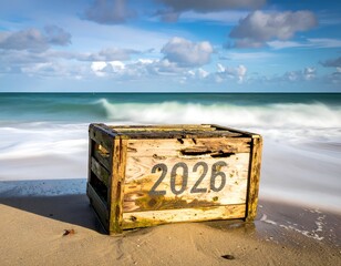 Weathered wooden crate labeled "2026" on a beach, waves in background