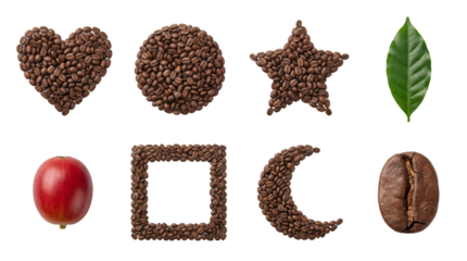 Coffee bean collection including heart circle star moon and square shapes with leaf berry and roasted bean isolated. Organic caffeine ingredient and beverage concept.