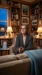 Fototapeta premium Mature woman with glasses and gray hair sits thoughtfully in a cozy home library. Surrounded by shelves of books and warm lighting. Image made using Generative AI.