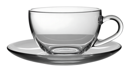 Empty transparent glass mug mock up, clear translucent coffee cup image isolated on transparent