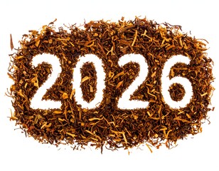 Year 2026 formed by white negative space against dried tobacco