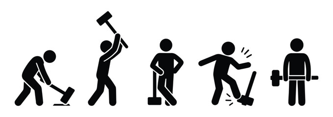 Man with sledgehammer, big hammer, heavy tool icon, stick figure people, isolated human silhouettes, stickman pictogram set
