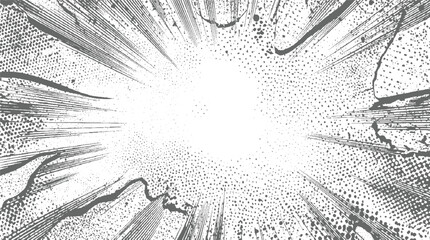 Dynamic comic book style burst background with radiating lines and halftone dots creating a sense of motion and energy in monochrome tones