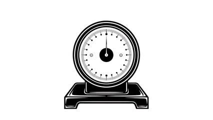 Mechanical scale with dial indicator for weight measurement, vintage style, black and white illustration, detailed drawing isolated on transparent background