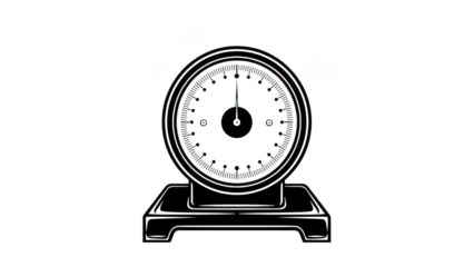 Mechanical scale with dial indicator for weight measurement, vintage style, black and white illustration, detailed drawing isolated on transparent background