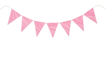 Decorative pink fabric pennant banner with triangular flags for celebration and party decoration isolated on transparent background