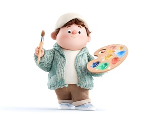 Fototapeta premium Artistic 3d rendered chubby character holding a wooden palette and paint brush ready to create a masterpiece on canvas in a colorful art studio