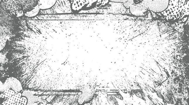 Dynamic comic book style explosion frame with halftone dots and rough textures creating an energetic and chaotic border effect for