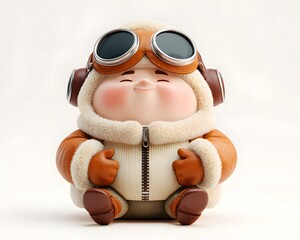 Charming 3d rendered chubby aviator character wearing vintage flight goggles and a leather helmet ready for an exciting airborne adventure in the blue sky