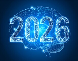 Glowing 2026 numbers overlaying a blue, illustrated brain graphic