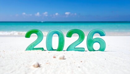 Turquoise numbers "2026" on white sand, ocean view background