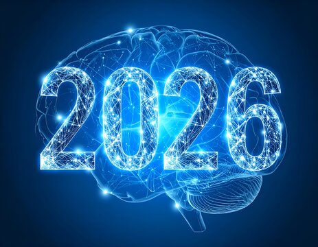 Glowing 2026 numbers overlaying a blue, illustrated brain graphic - Powered by Adobe