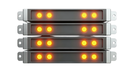 Stack of four electronic modules with illuminated amber indicator lights