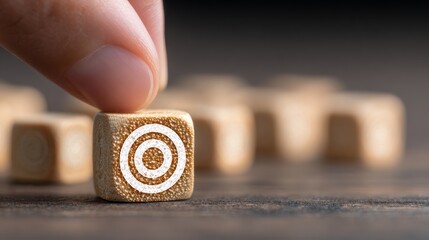 Target setting action with wooden blocks indoor workspace conceptual focus close-up view motivation and goals