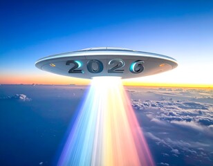 Futuristic UFO beams multicolored light down from the year 2026 above clouds