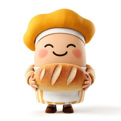Cheerful 3d cartoon round baker holding a fresh loaf of bread wearing a chef hat illustrating culinary professions and bakery concepts