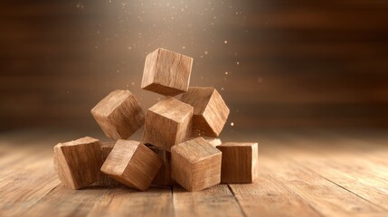 Building blocks stacked on wooden floor studio setting 3d render minimalist design close-up creative concept