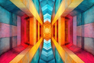Vivid kaleidoscope swirling through a contemporary geometric design featuring vibrant colors and intricate patterns
