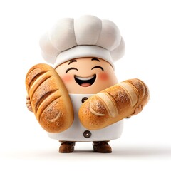 Cheerful 3d cartoon round baker holding a fresh loaf of bread wearing a chef hat illustrating culinary professions and bakery concepts