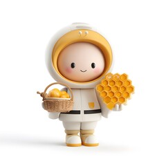 Round and chubby 3d cartoon beekeeper holding a honeycomb wearing a protective suit illustrating agriculture and farming professions