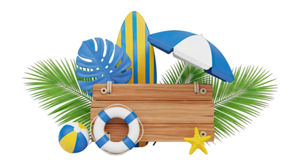 Summer Beach Scene with Surfboard and Tropical Elements