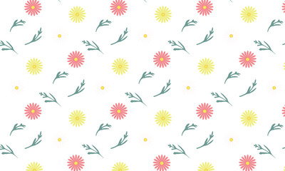 葉っぱの装飾がある花びらが多めの白と黄色とピンクのマーガレットのカラフルな模様