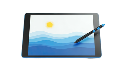 Tablet displaying a digital seascape with a stylus
