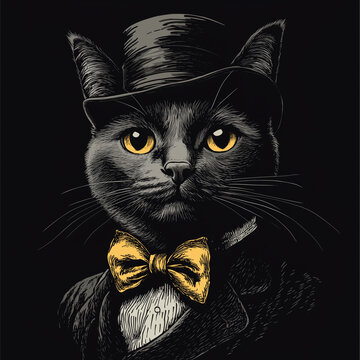 Elegant portrait of a black cat wearing a top hat and bow tie, artistic illustration with elements of realism, vintage style, dark mood, creative art design
