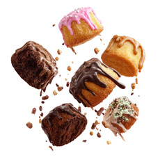 Assorted cake squares with various icings, floating amidst crumbs