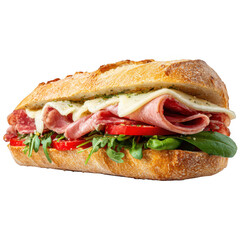 Gourmet sandwich with ham, cheese, and vegetables isolated on transparent background