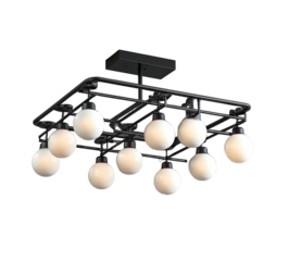 Retro ceiling light with black grid frame and ten round, glowing bulbs