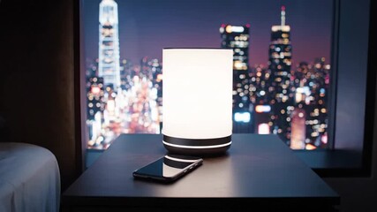 Lamp on nightstand in bedroom with city skyline at night, cozy interior.