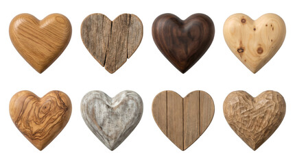 Wooden heart set including carved, polished, rustic, grain, and textured variants isolated. Decorative timber symbols for craft and love.