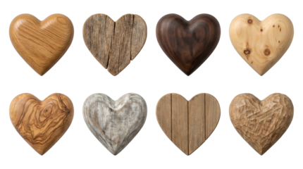 Wooden heart set including carved, polished, rustic, grain, and textured variants isolated. Decorative timber symbols for craft and love.