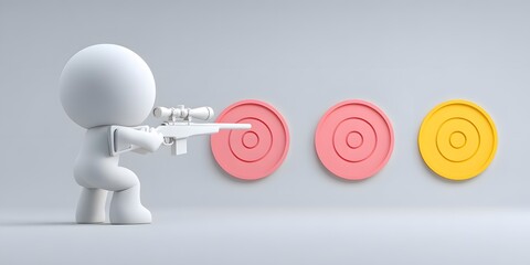 Concentrated 3d cartoon shooter aiming a rifle at a target with one eye closed illustrating precision sport and marksmanship