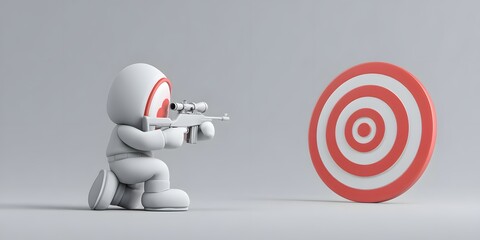 Concentrated 3d cartoon shooter aiming a rifle at a target with one eye closed illustrating precision sport and marksmanship