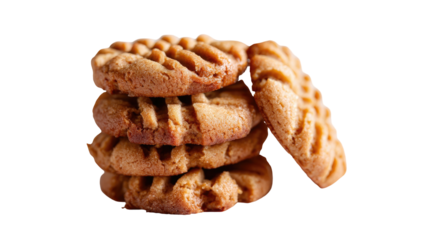Stack of 4 peanut butter cookies w/ fork imprint & lone cookie resting