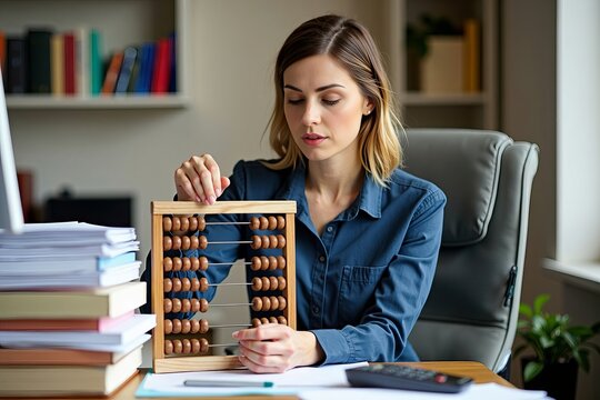 Female accountant working with vintage abacus amidst vibrant paper stacks at her desk