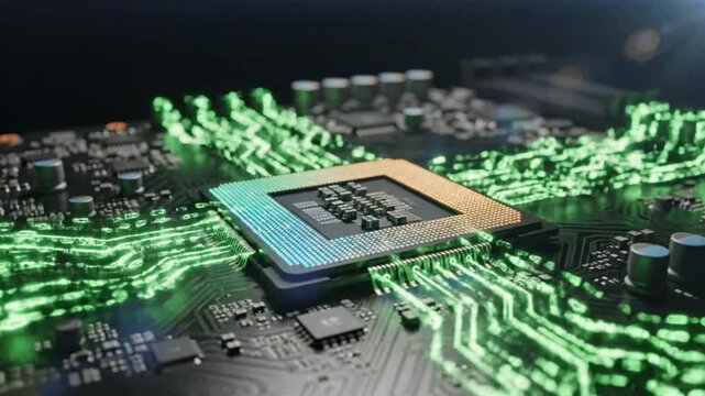 Futuristic Computer Chip Processor Closeup Animation of Glowing Circuitry on Motherboard Technology