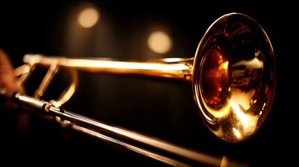 Obraz premium Close-Up of a Gleaming Brass Trombone with Soft Background Lights