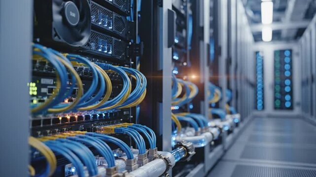 Data center server room with rows of servers and network cables providing high-speed data transfer